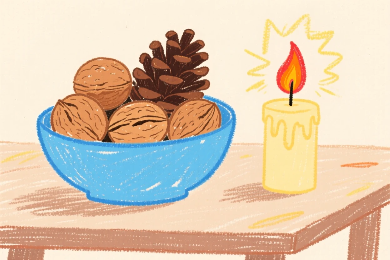 A bowl of walnuts and pinecones beside a flickering candle.