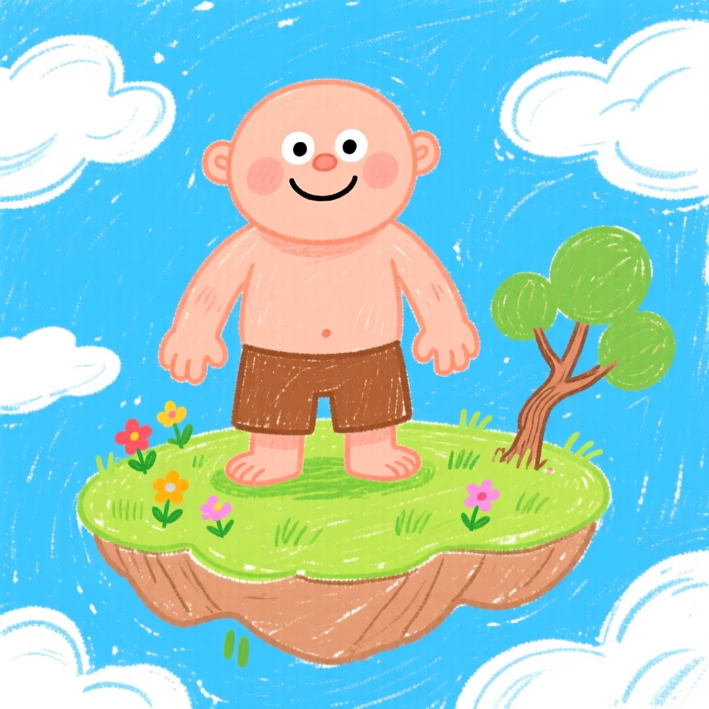 A kind giant with a gentle smile atop a floating island in the sky.