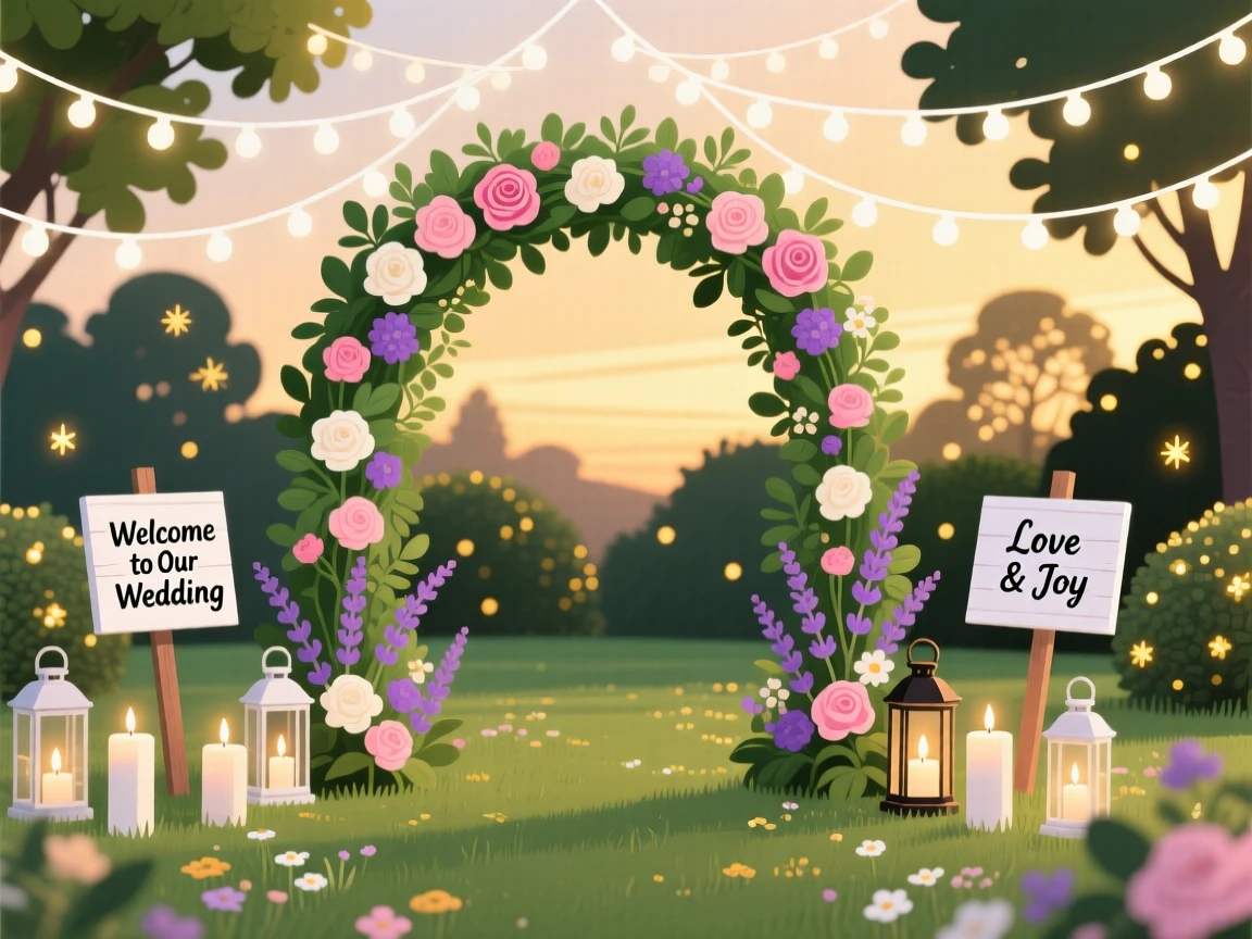 A summer garden wedding with string lights and floral arches, surrounded by joyful decorations and warm candlelight, framed with decorations arranged symmetrically for balance, with warm twinkling lights adding a magical sparkle.
