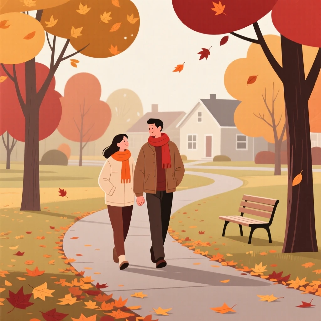 An autumn scene of a couple walking in a quiet suburban park.