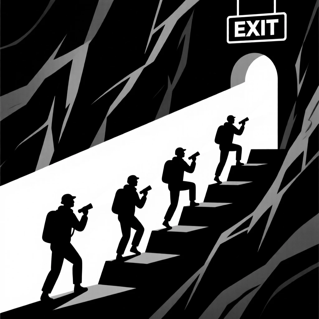 A team escaping a collapsing cave system with flashlights.