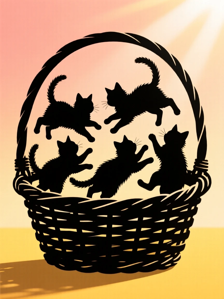 A litter of kittens tumbling together inside a wicker basket.