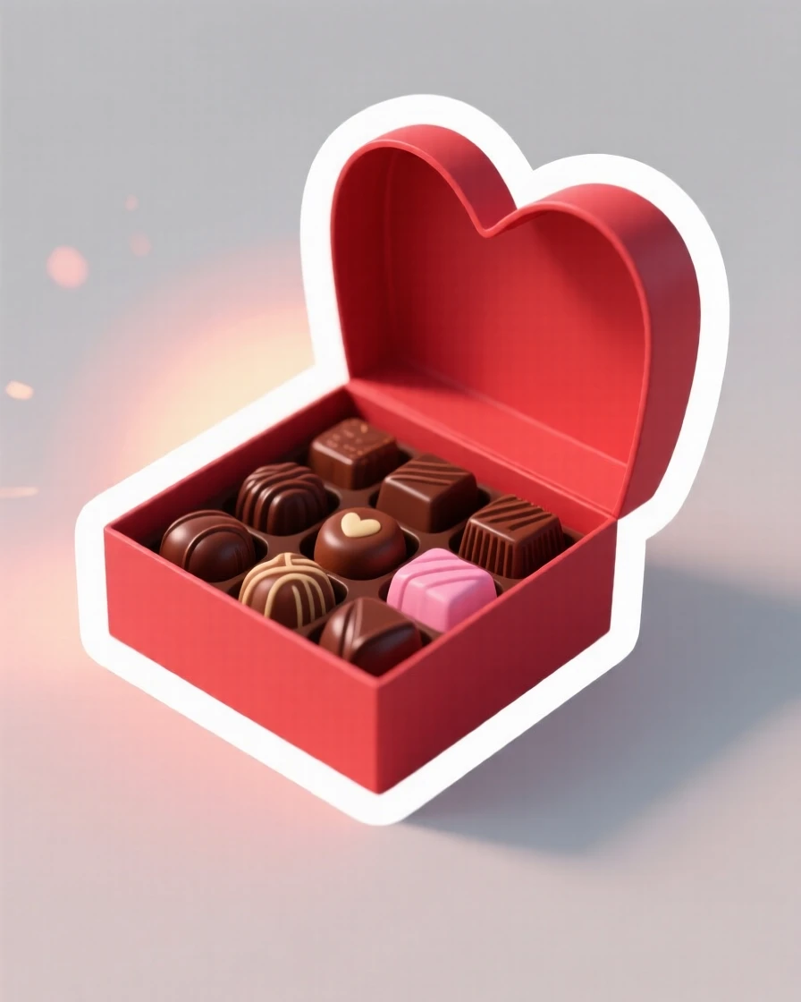 A cozy and heartwarming heart-shaped box of chocolates for Valentine's Day, glowing softly in the evening light, during a beloved yearly tradition.