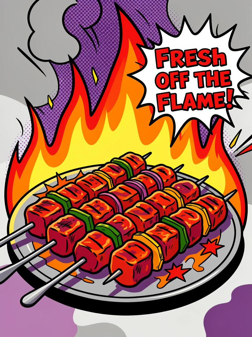 A platter of grilled kebabs over an open flame freshly prepared and ready to be enjoyed
