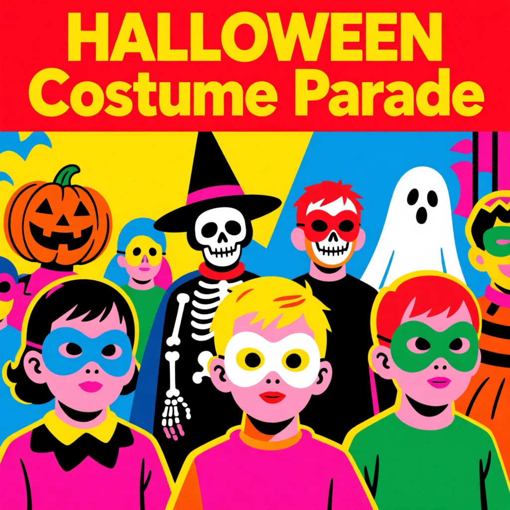 Halloween costume parade with kids in masks