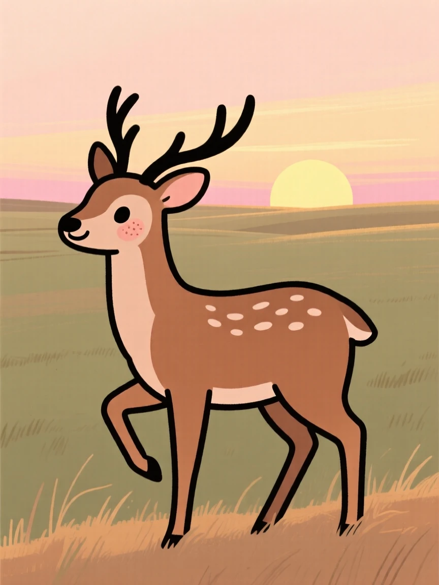A deer stands at the edge of a open prairie, pausing mid-step as the rising sun paints the sky in warm colors.