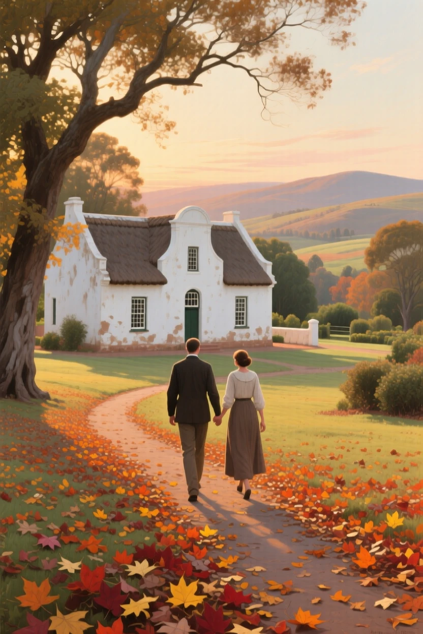 An expansive vista of a couple walking hand in hand through a park carpeted with fallen autumn leaves, in a Cape Dutch farmstead in South Africa, in early morning light.