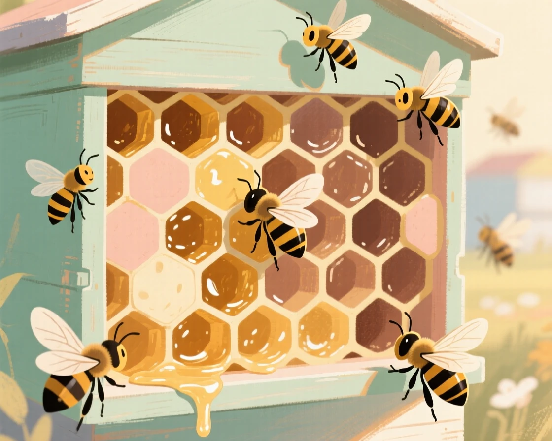 A cross-section of a beehive showing honeycomb and worker bees