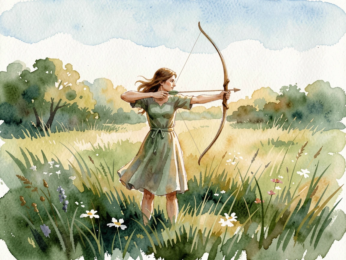A woman practicing archery in a green meadow surrounded by natural light.