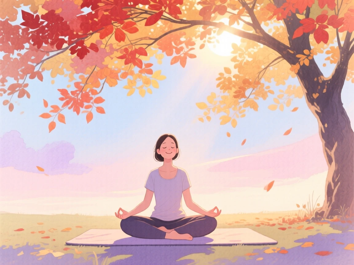 A peaceful scene of someone practicing yoga at sunrise under a canopy of autumn trees, fully absorbed in a quiet, joyful moment