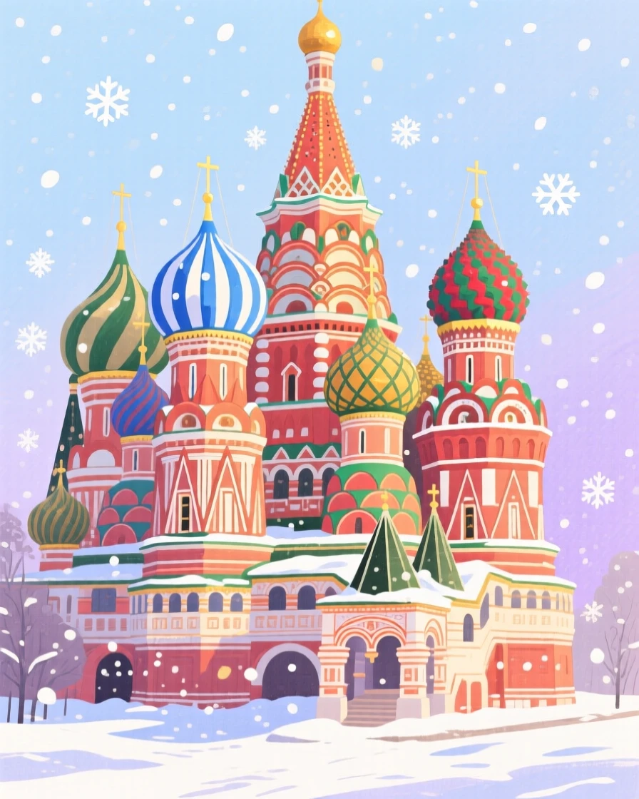 The colorful domes of a Moscow cathedral under snowfall, glowing in warm afternoon light.
