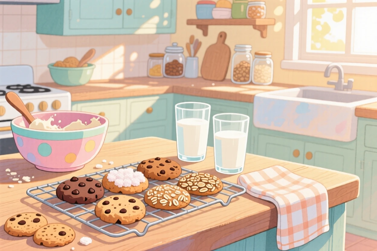 A cheerful kitchen scene of cookies cooling on a rack beside glasses of milk, filled with the simple pleasure of good food and good company.