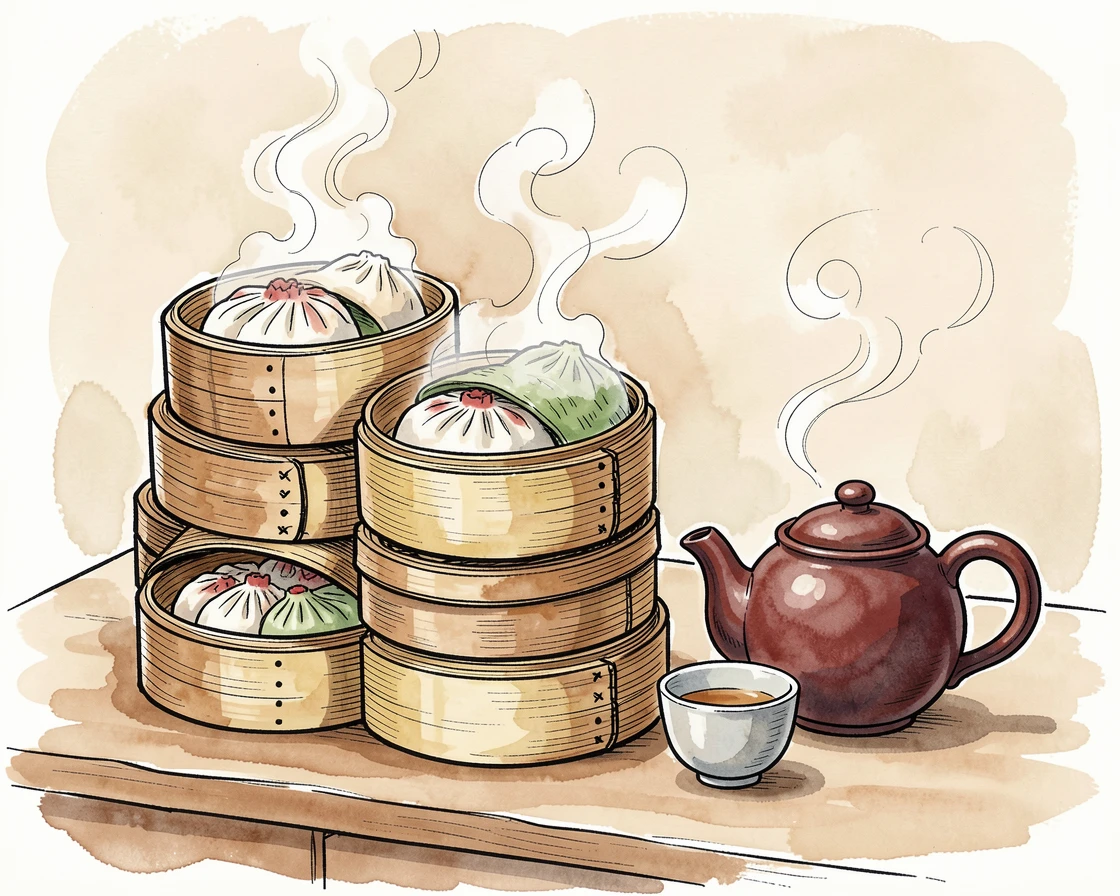 A stack of fluffy dim sum baskets steaming beside a pot of tea, steam curling gently into the warm kitchen air.