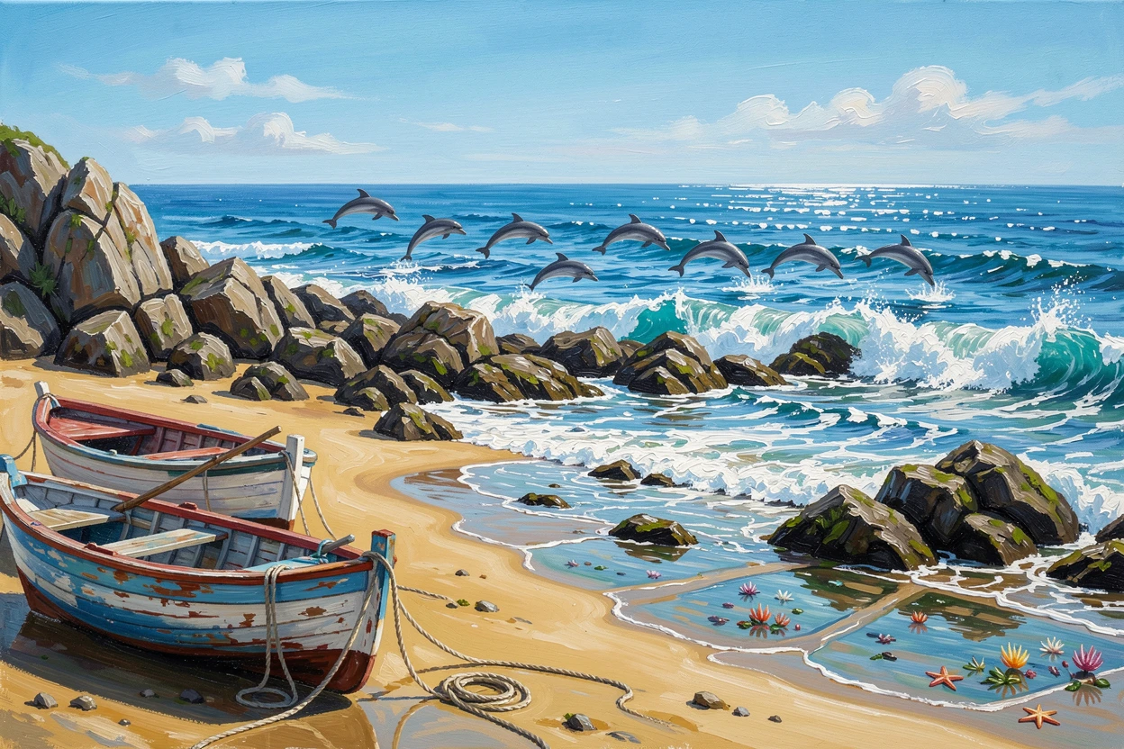Where fishing boats rest on the sand at low tide, a rocky cove with tidepools, a pod of dolphins leaping just beyond the breakers, on a clear summer afternoon with brilliant blue water.