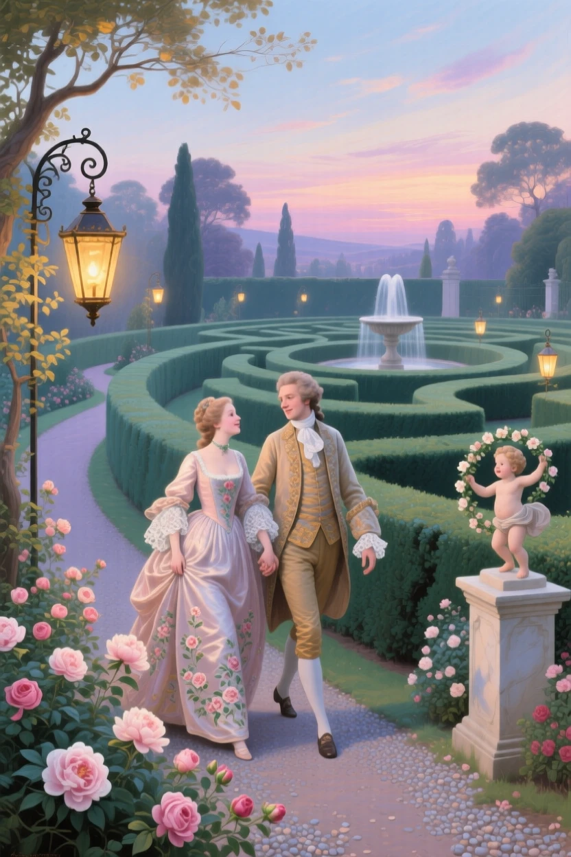A garden maze at twilight illuminated by small lanterns  