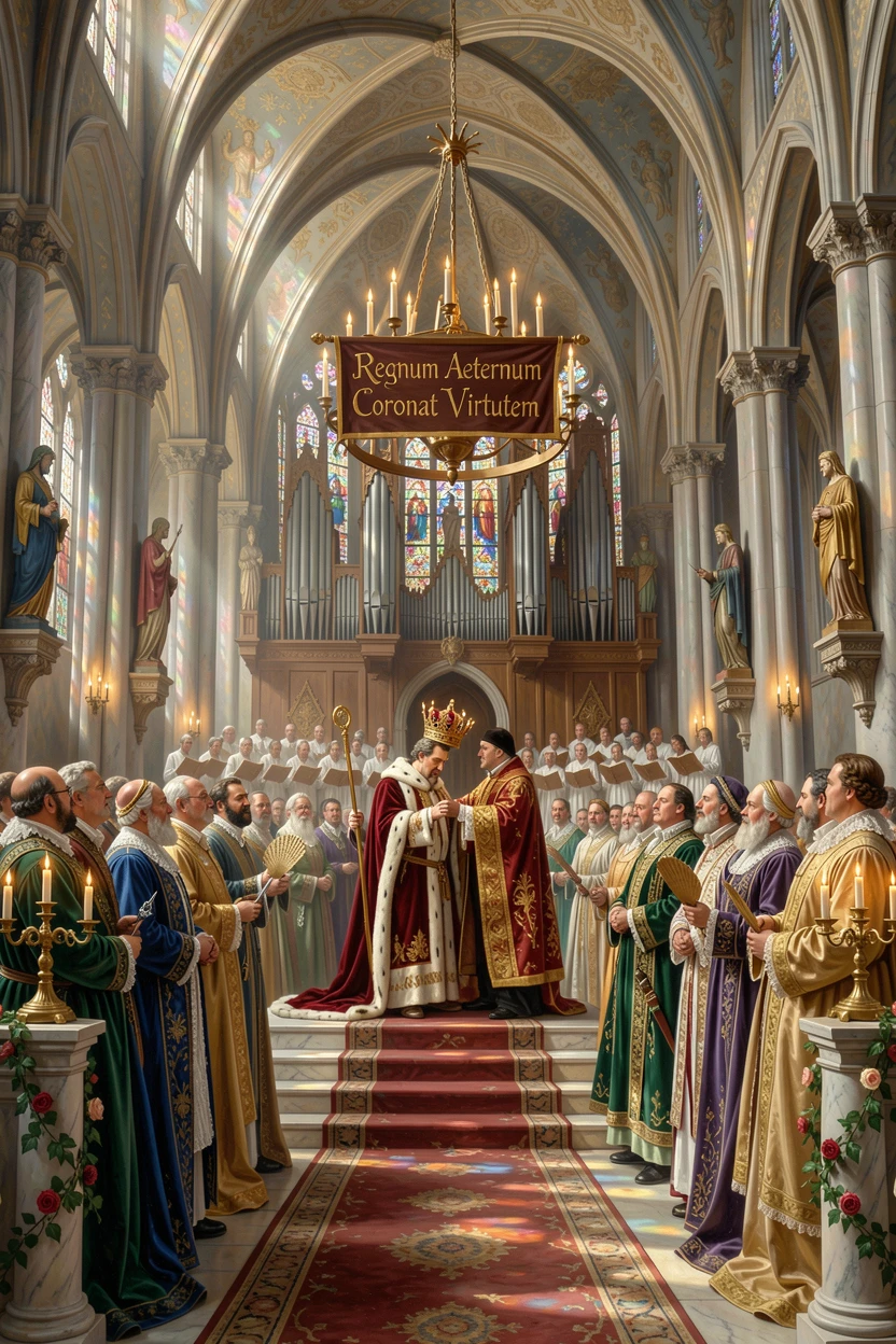 A coronation takes place in a grand cathedral filled with nobles.