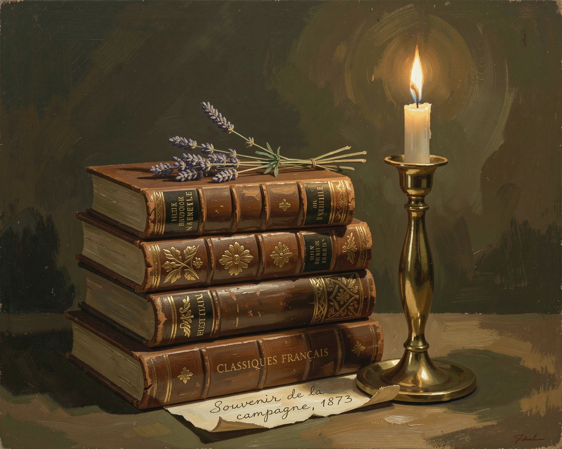 A stack of antique books beside a glowing brass candlestick, surrounded by tasteful, understated decorative details, celebrating the beauty found in fine craftsmanship and detail