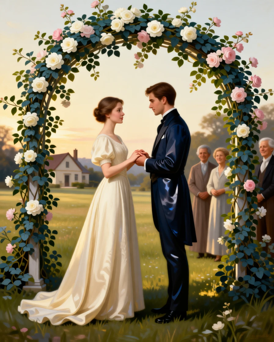 A young couple exchanging vows beneath a blossoming arch as gentle affection passes easily between generations, set within a sunlit meadow just beyond a quiet farmhouse, with small, telling gestures like a held hand or a shared glance; a soft, blurred background keeps the emotional connection in sharp focus, filled with gentle joy and quiet devotion.