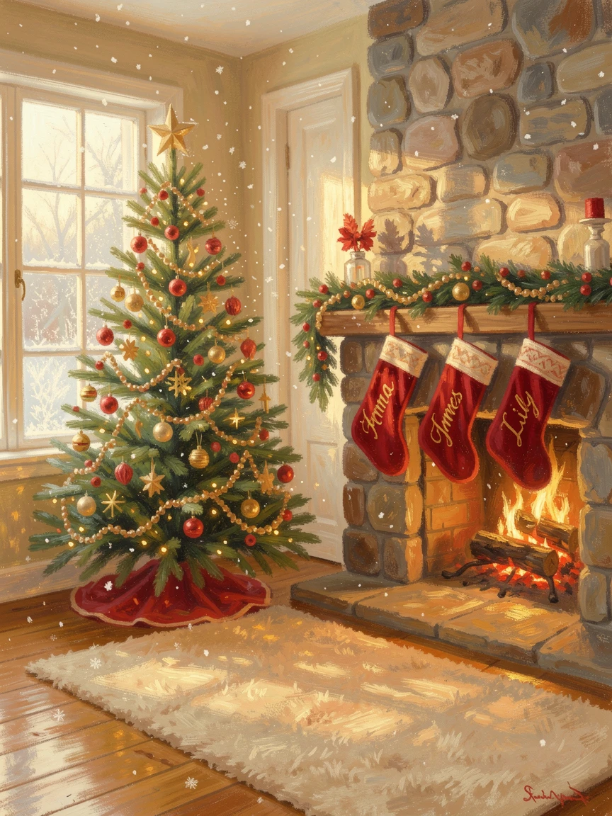 A cozy Christmas living room with a decorated tree, stockings by the fire, and snow falling outside, at golden sunrise.