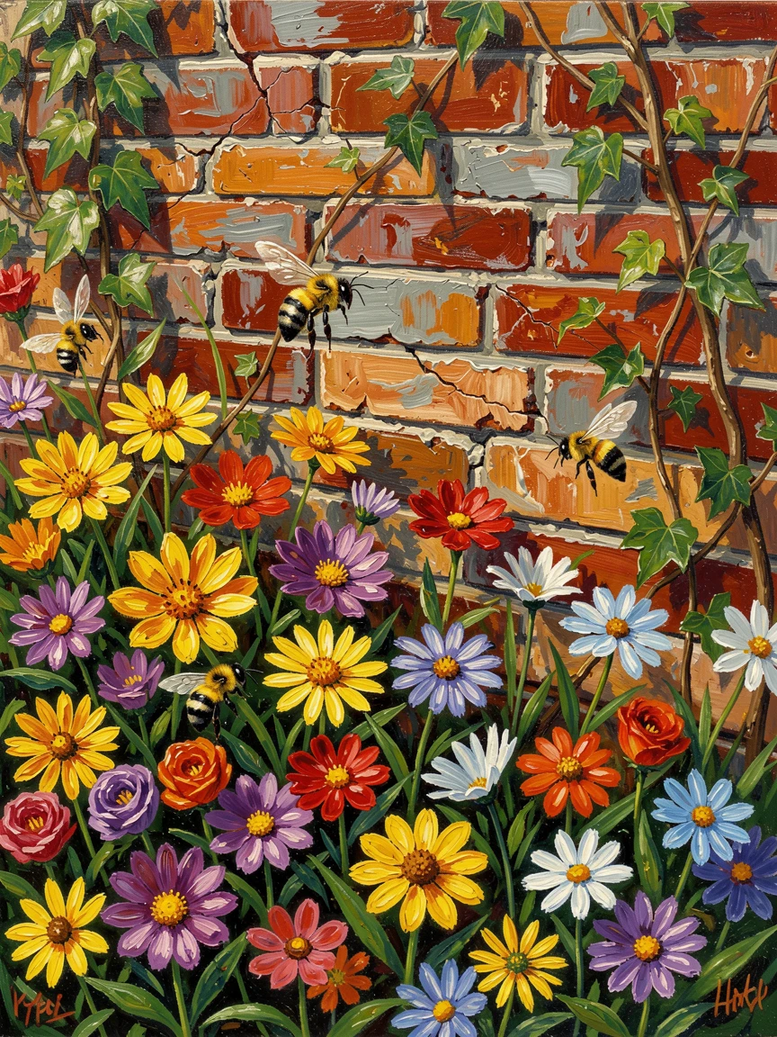 A wildflower border buzzing with bumblebees beside an old brick garden wall.