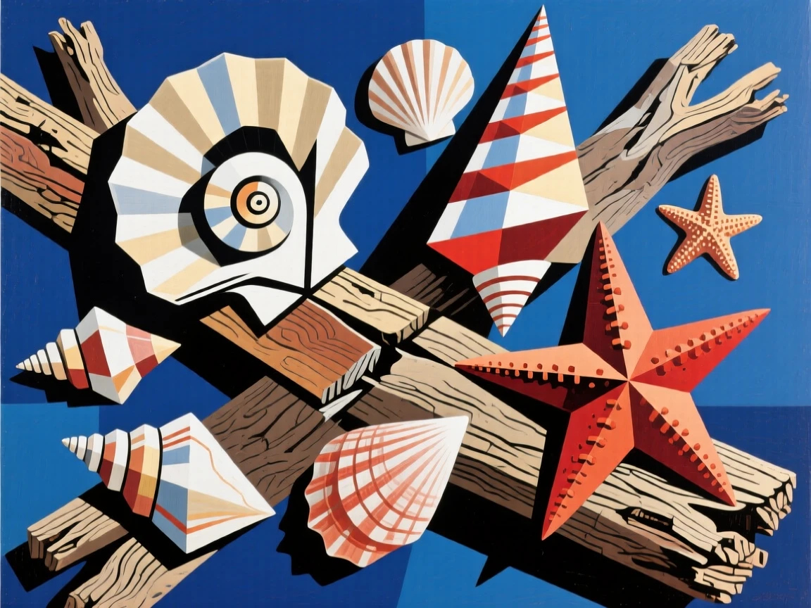 A collection of seashells and starfish arranged on weathered driftwood.