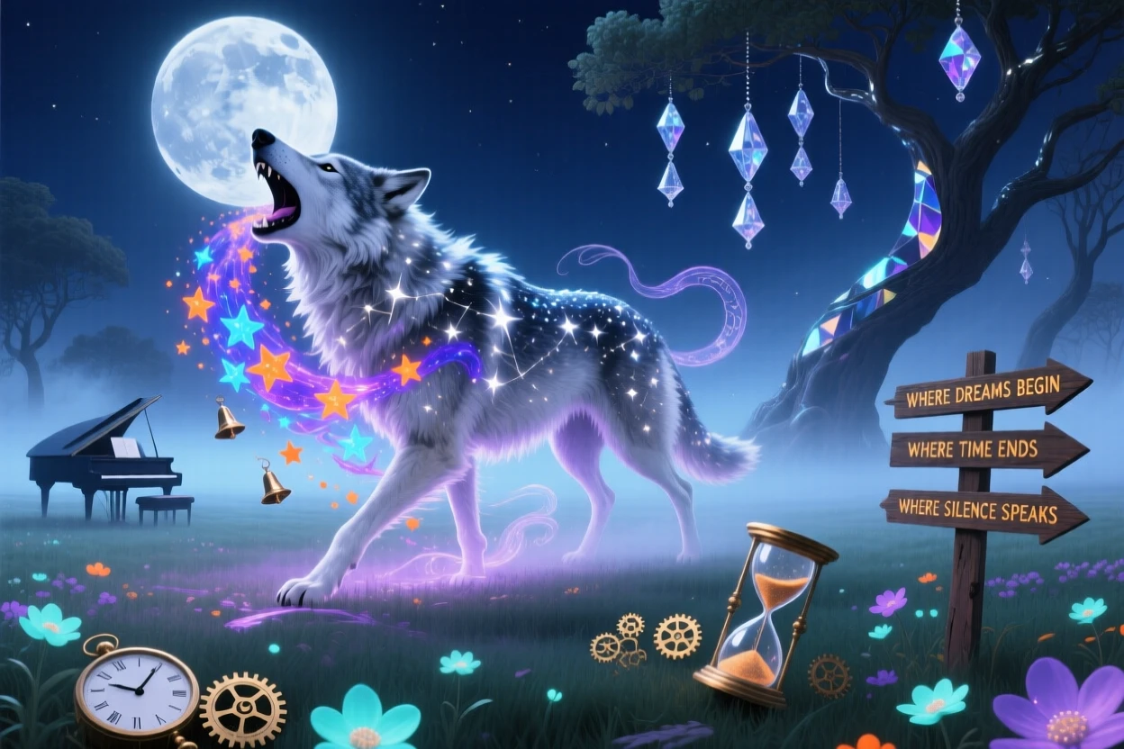 A wolf howling while stars pour from its open mouth moves silently through a fog-covered meadow, while soft chimes seem to ring with each of its movements.