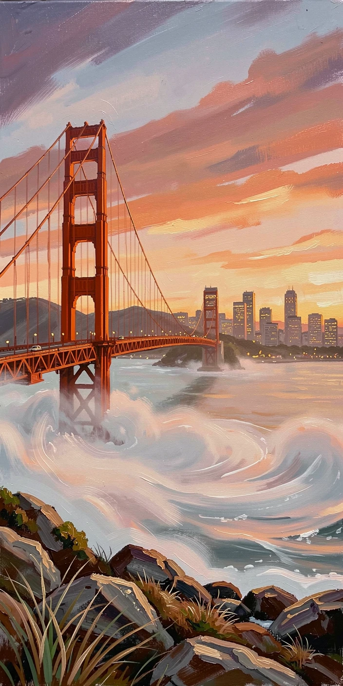 San Francisco's Golden Gate Bridge emerges from rolling fog at sunset, the city skyline glowing warmly behind the massive orange towers, the composition balancing a wide sweeping view with intimate, carefully observed foreground detail.