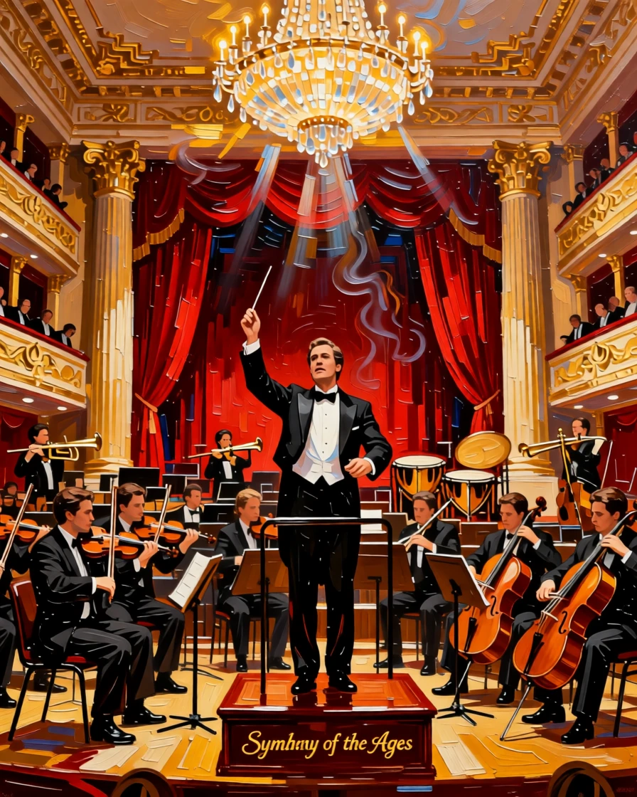 An orchestra mid-performance in a grand concert hall, conductor's baton raised high
