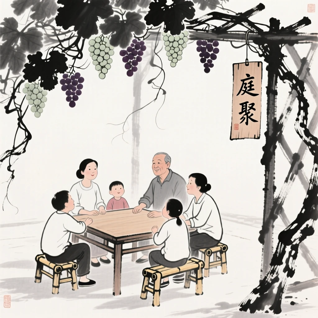 A family gathers around a table beneath a trellis of hanging grapevines, as the afternoon light softens across the courtyard.