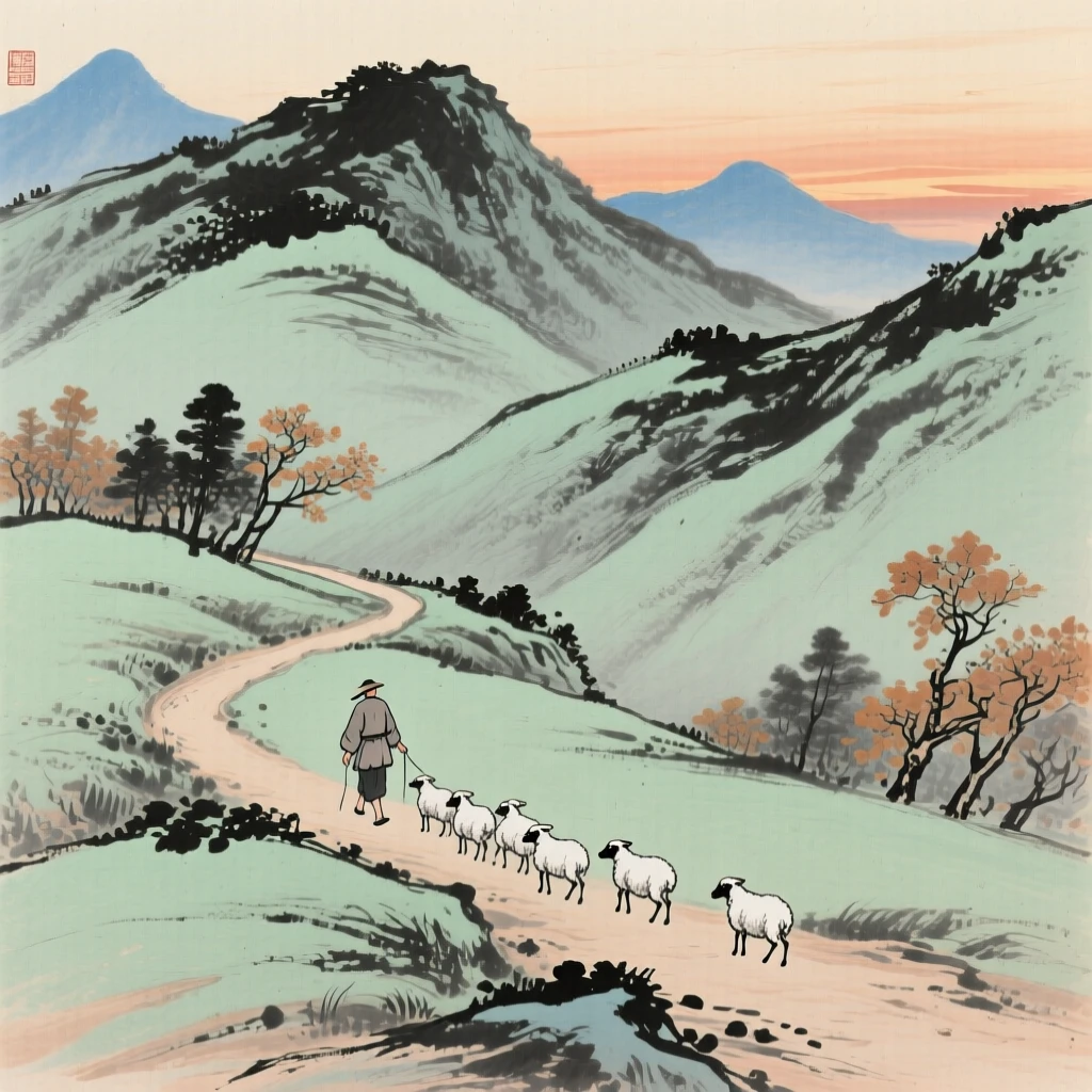 A shepherd guiding a small flock along a winding mountain road, at dusk, in late autumn, filled with tranquil stillness.