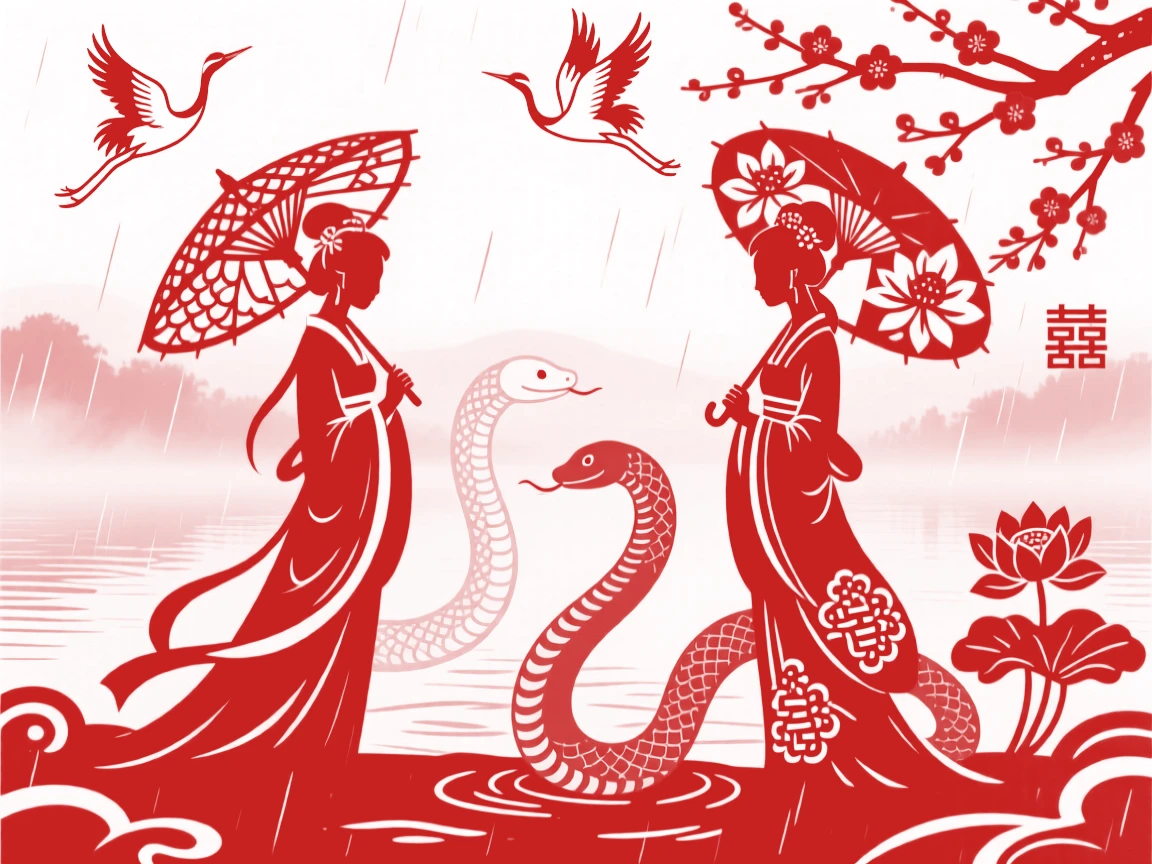 The White Snake and Green Snake transforming into human maidens beside a misty lake, umbrellas in hand in the rain