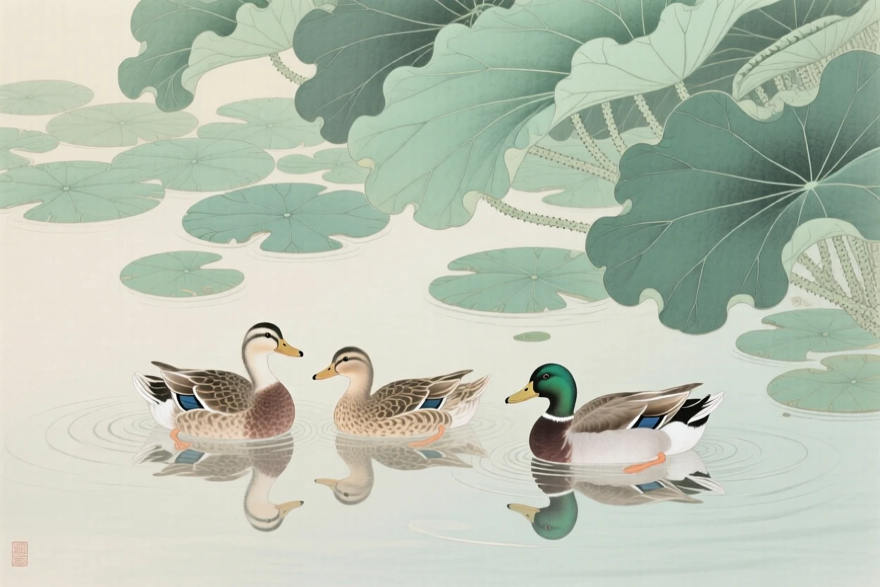 A family of ducks gliding across a still pond beneath a canopy of floating lotus leaves