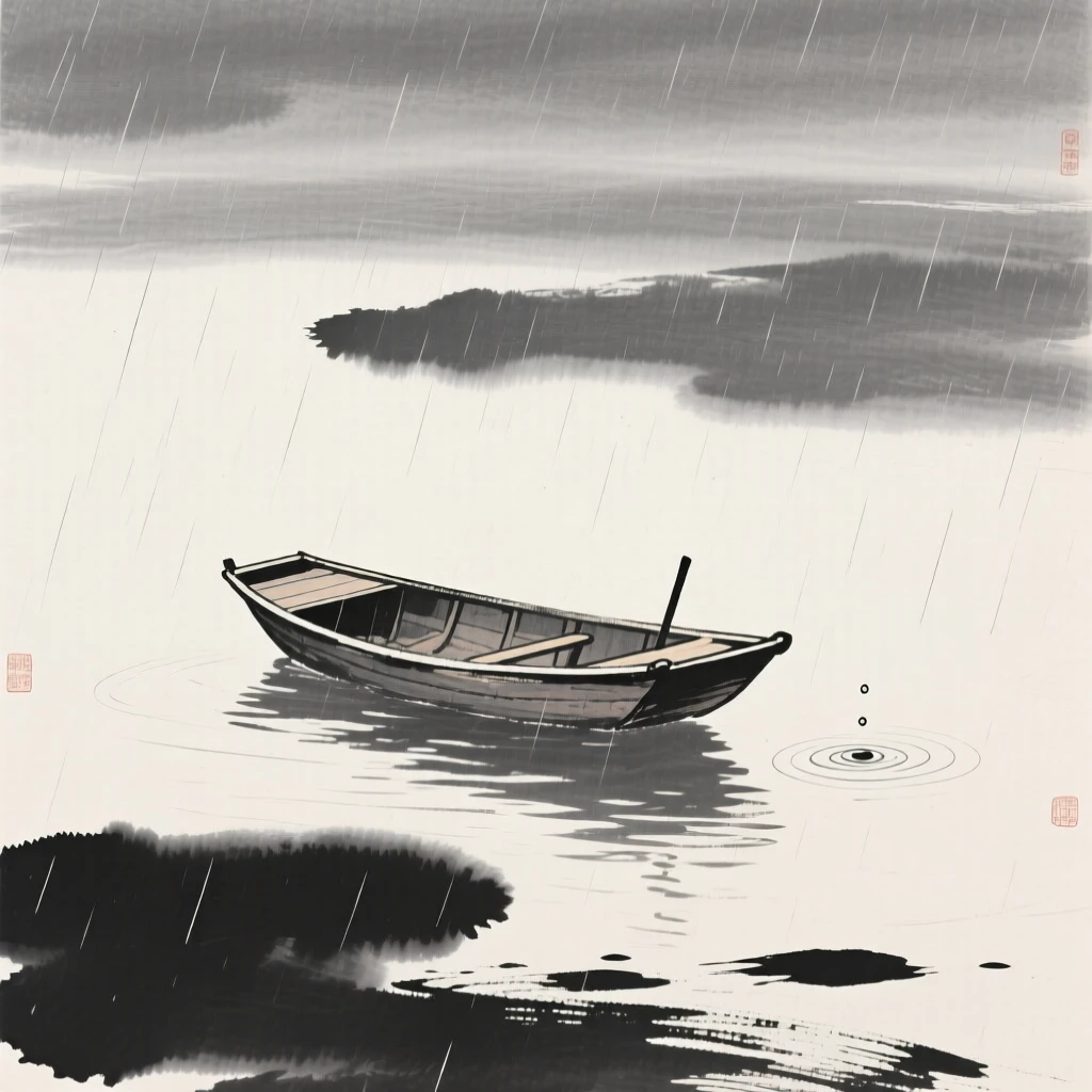 A single empty boat drifting on a still lake as gentle rain falls in the distance, balanced with a single small detail against a quiet backdrop, evoking deep introspection and quiet solitude.