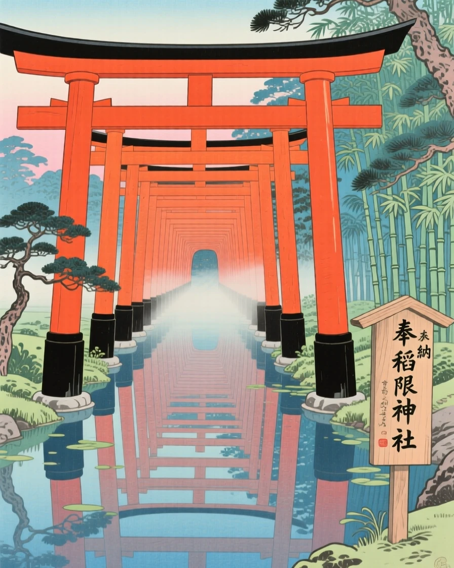 A tunnel of vibrant torii gates reflected perfectly in still water.