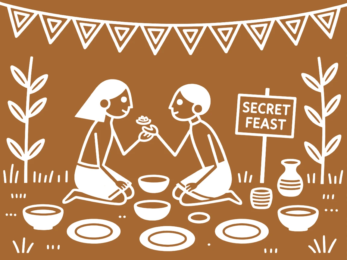 A couple meeting in secret feeding each other during a festive meal.