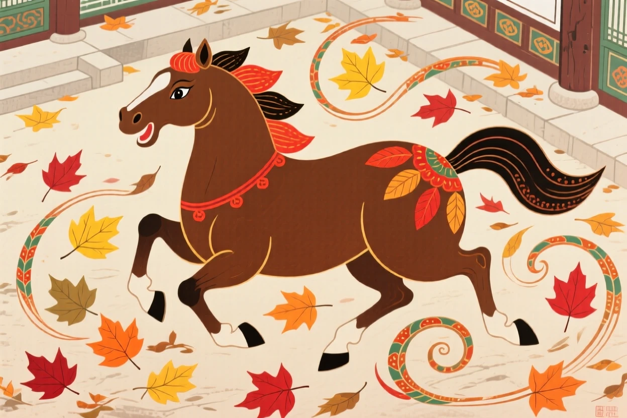 A spirited brown horse playing together in a courtyard full of fallen leaves.
