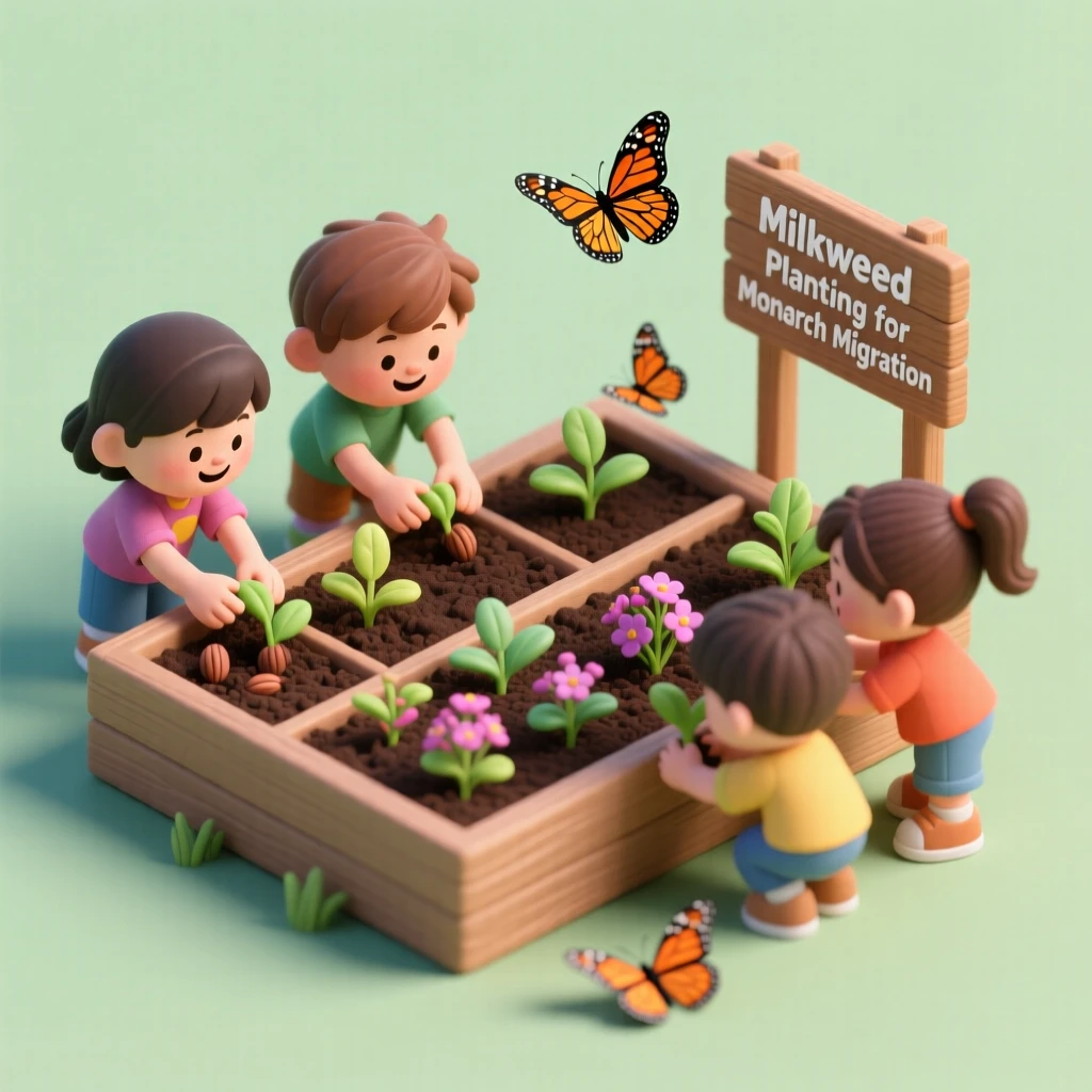 A butterfly garden planting activity, children placing milkweed seedlings into a raised bed designed to attract migrating monarchs.