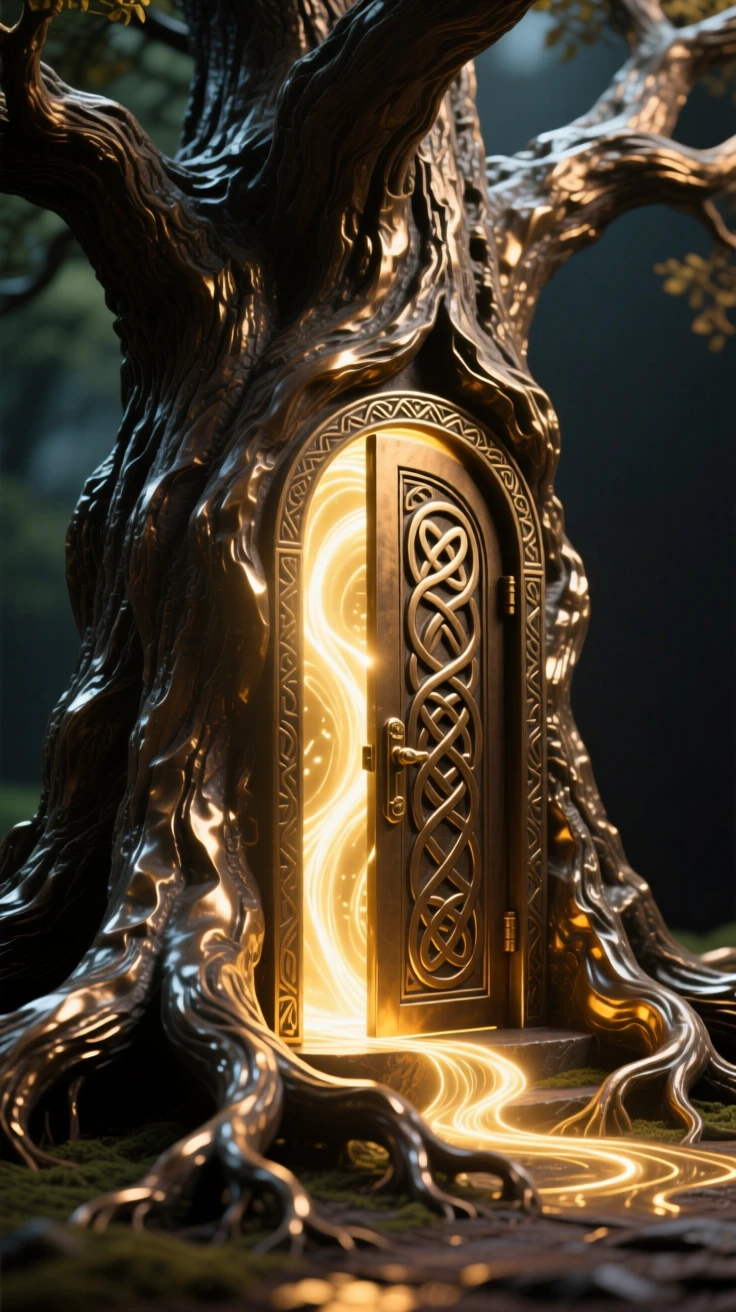 A hidden door in an ancient oak leading to another realm, glowing with magical, luminous light, transporting the viewer to another world