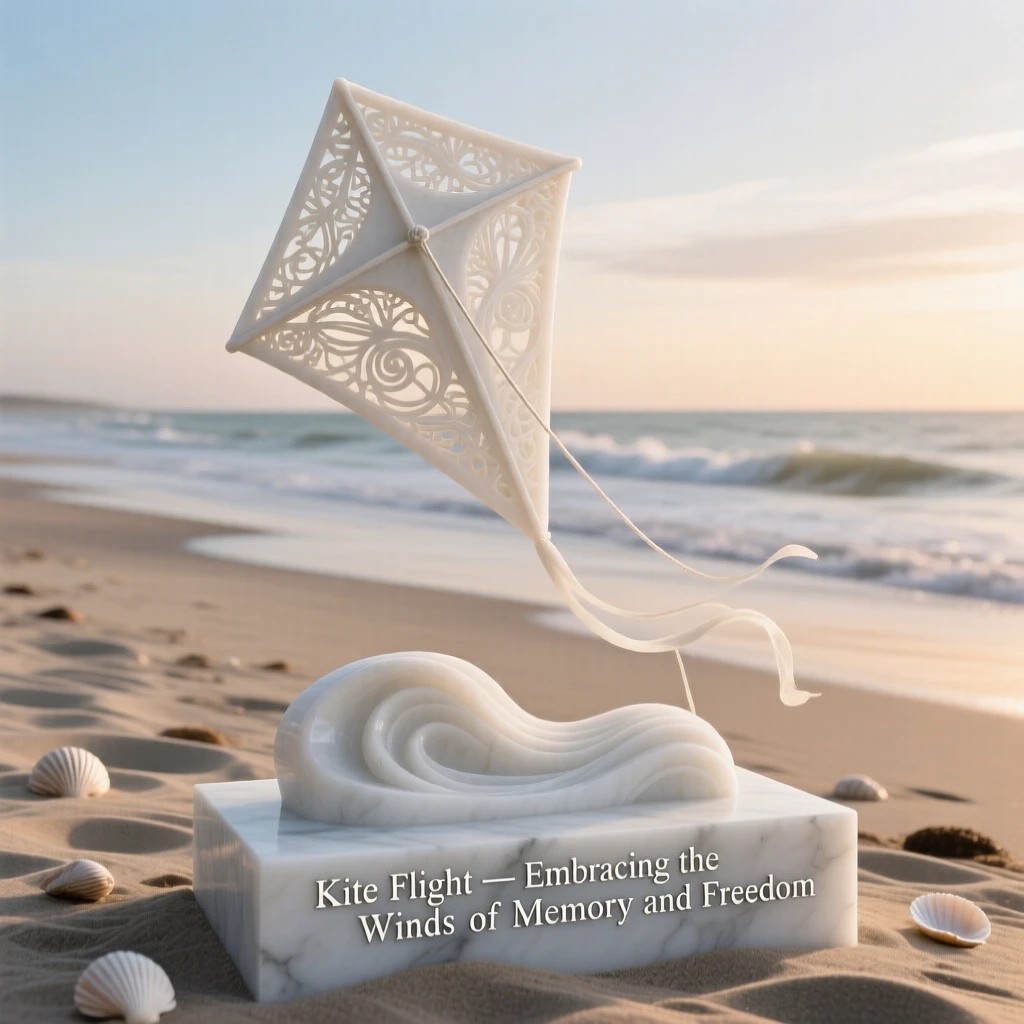 An evocative depiction of a kite flying high above a windswept beach, surrounded by soft, glowing light, balancing detail with emotional depth