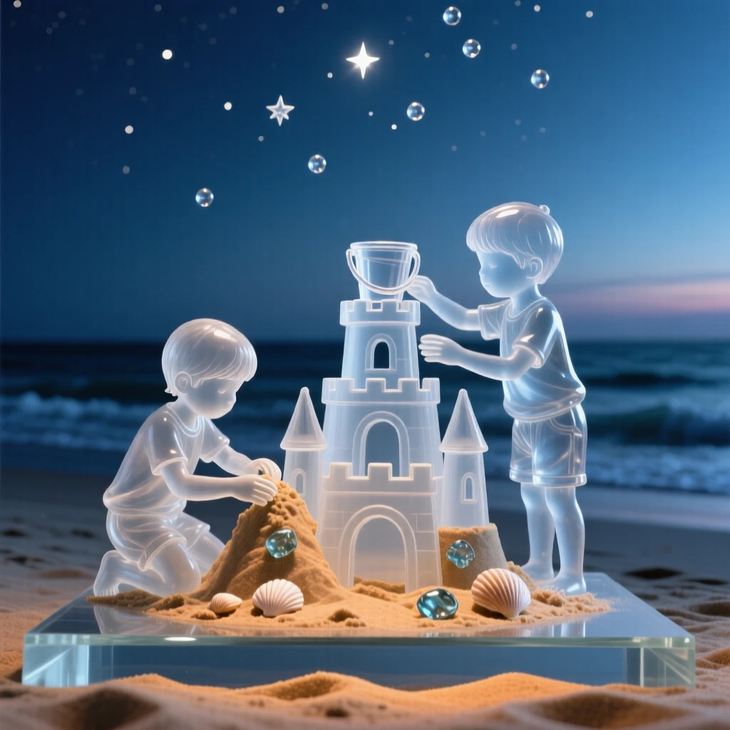 Two children building a sandcastle together on a quiet beach as the first stars begin to appear overhead, while the moment seems to stretch on peacefully