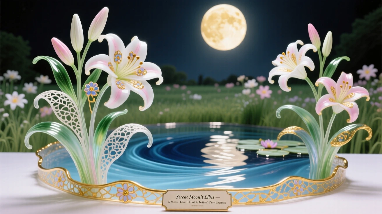 A field of blooming lilies surrounding a quiet moonlit pond, serene and pure.