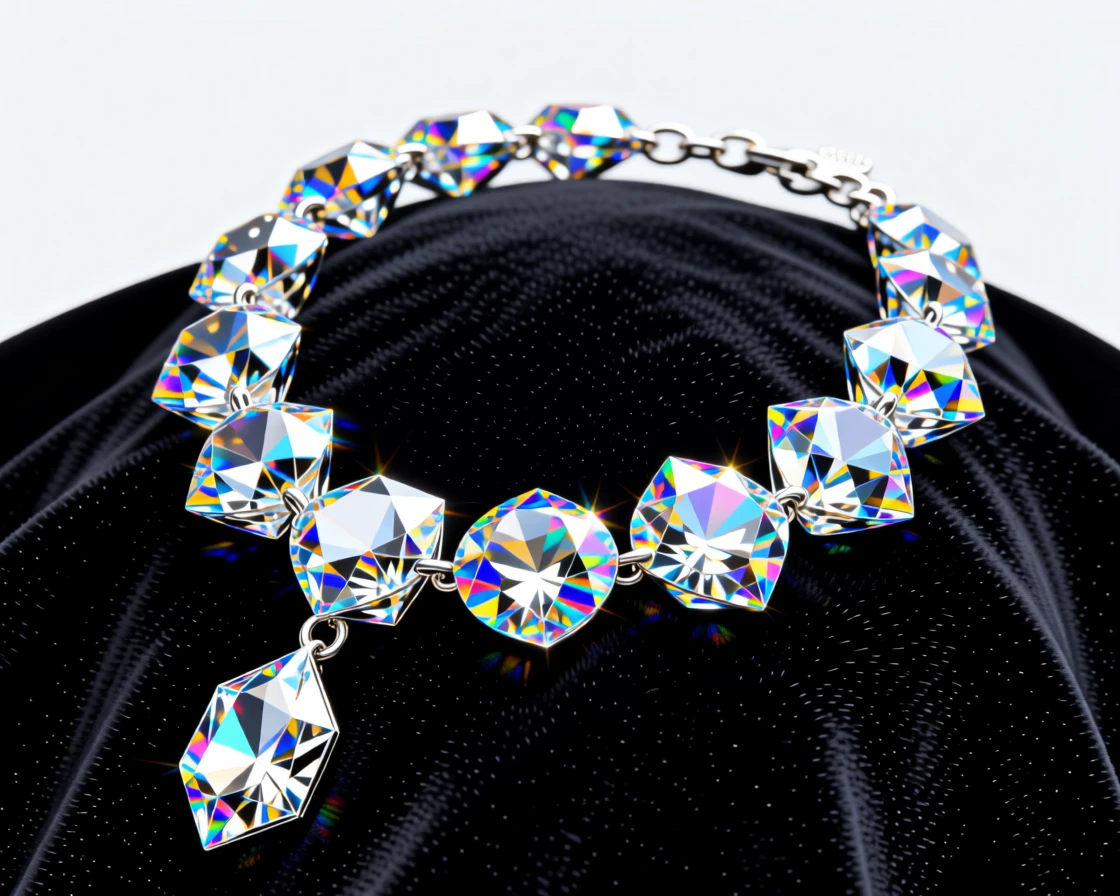 A dazzling diamond necklace draped elegantly over black velvet, catching studio light from every facet.