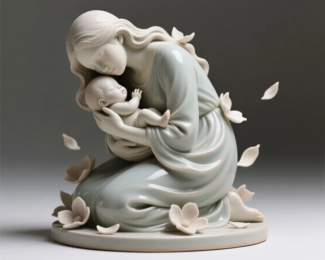 A mother cradling her newborn child kneeling with quiet, contemplative stillness, surrounded by softly falling petals, filling the scene with joy and gentle wonder.