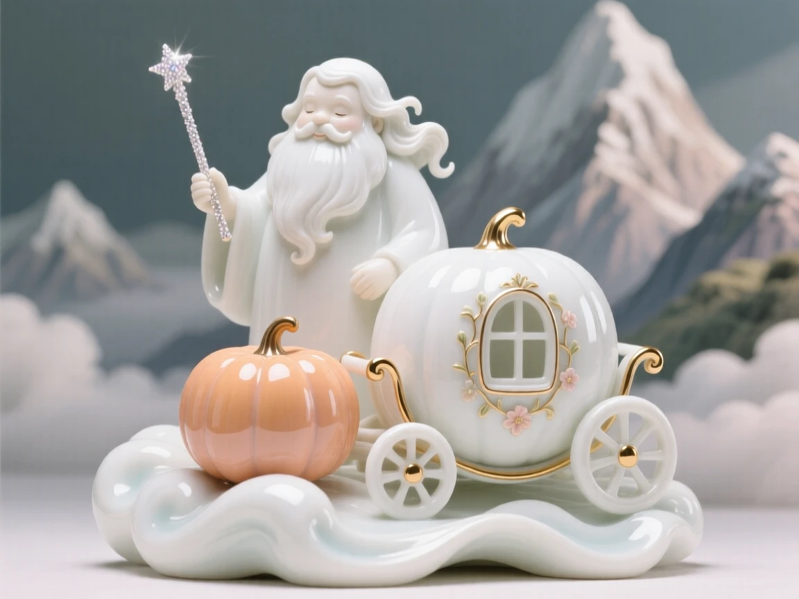 A whimsical scene of a gentle giant waving a sparkling wand over a pumpkin carriage in a cloud kingdom above the mountains.
