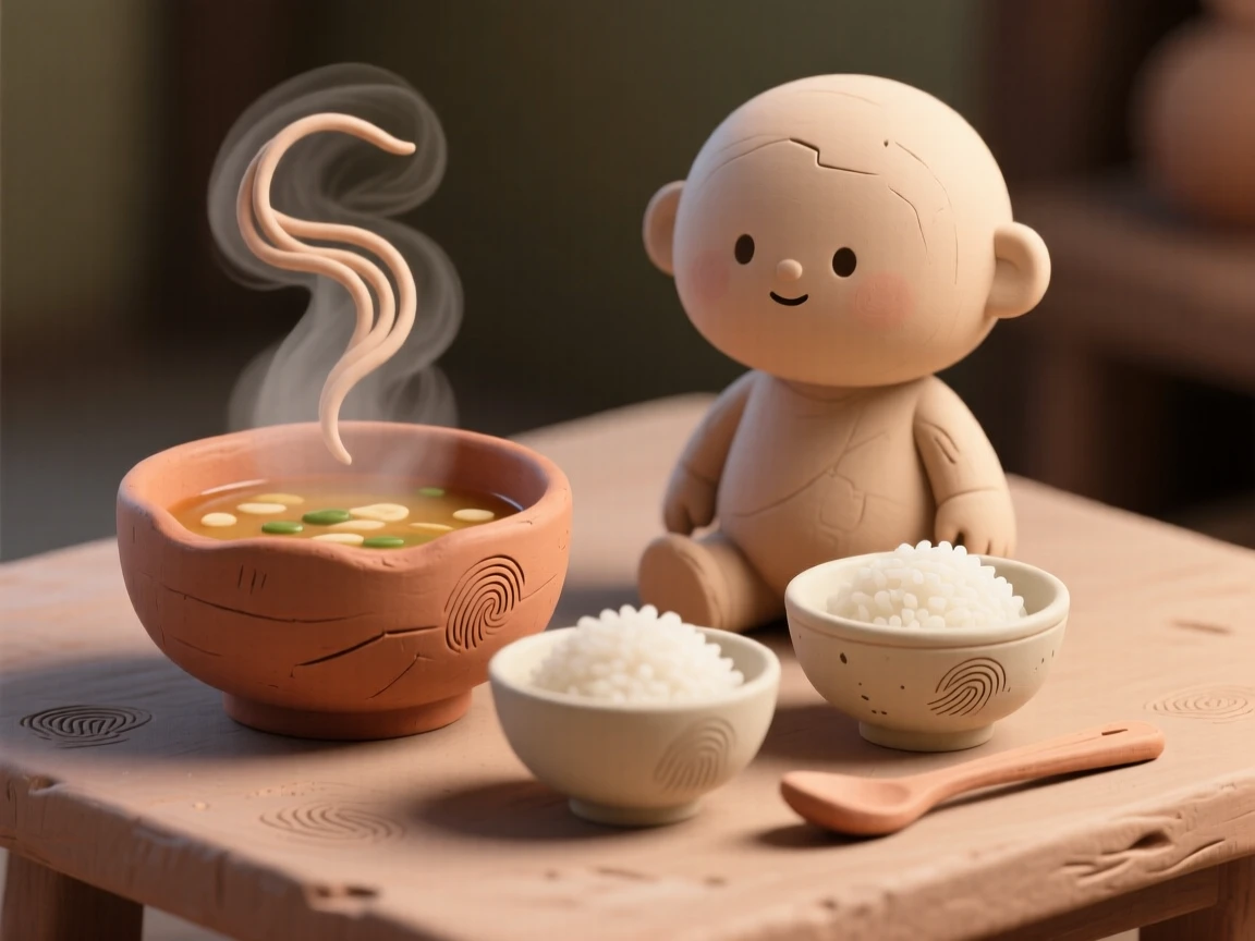 A steaming bowl of miso soup beside delicate rice bowls