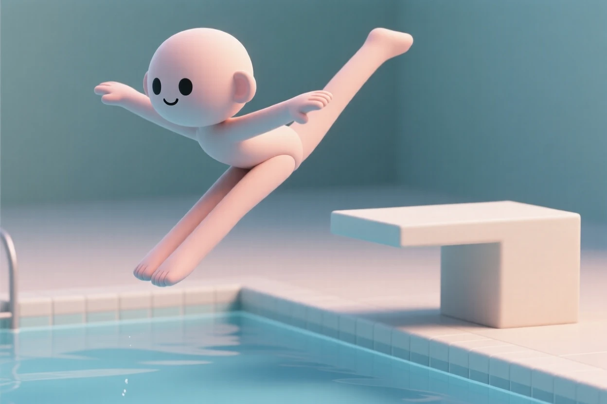 A graceful diver arcs through the air off a high platform, body perfectly straight before slicing into the pool.