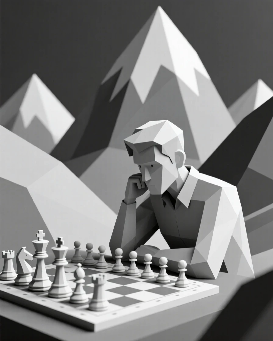 A chess player deep in thought over a game, surrounded by towering mountains. dynamic motion is captured with a clear sense of energy. It captures a feeling of personal accomplishment.