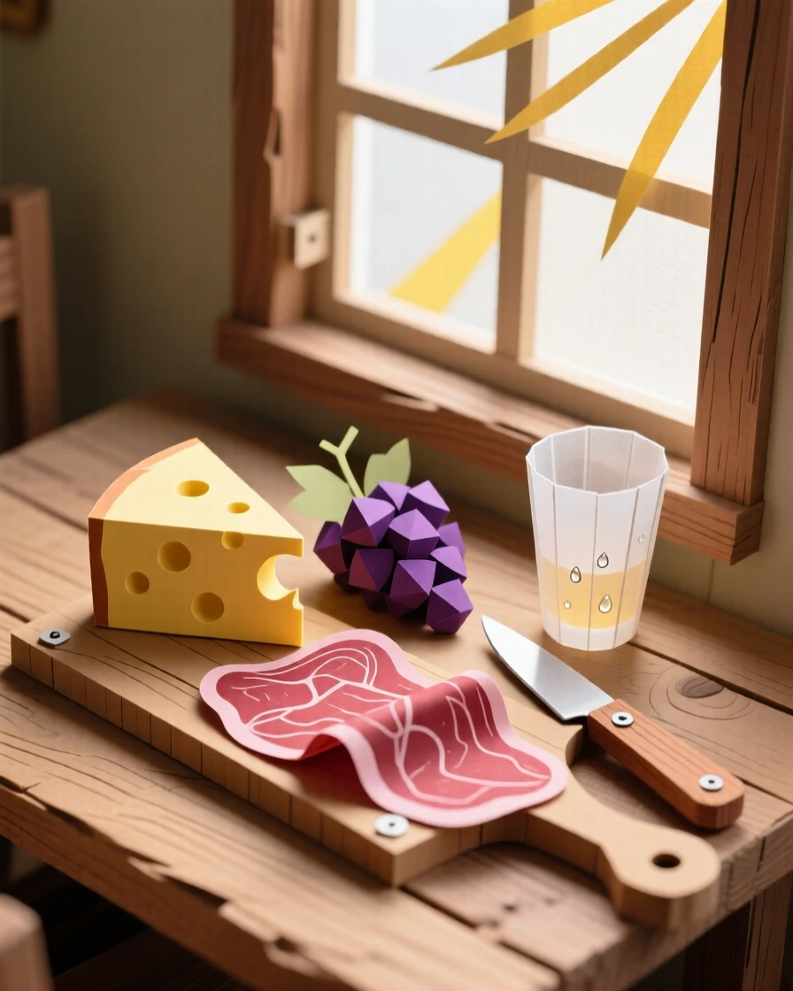 A rustic charcuterie spread arranged beside a sunlit window, with condensation beading on a nearby glass, evoking comfort and rich flavor.