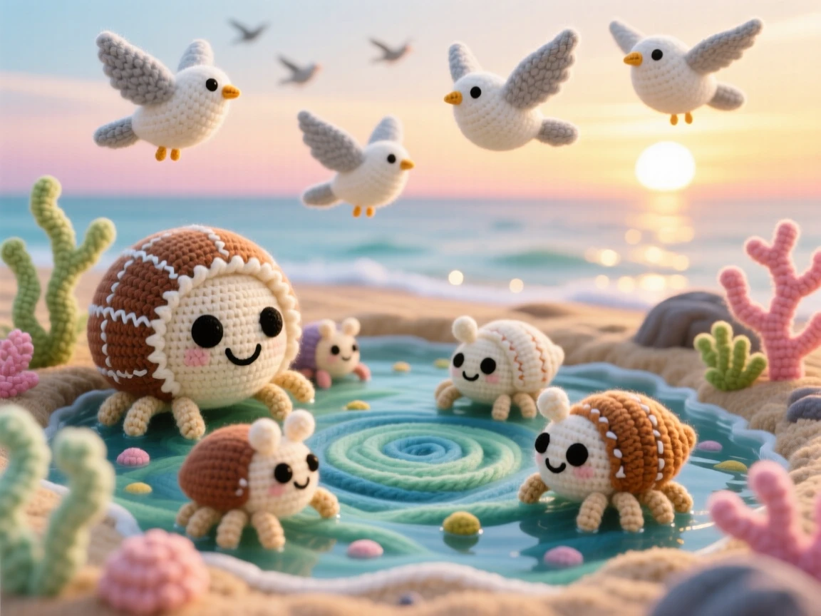 A picturesque scene featuring a coastal tide pool at sunrise, catching the first warm light, home to tiny hermit crabs beneath a wide open sky at golden hour, accompanied by a small flock of birds passing overhead, capturing a serene, storybook tranquility.
