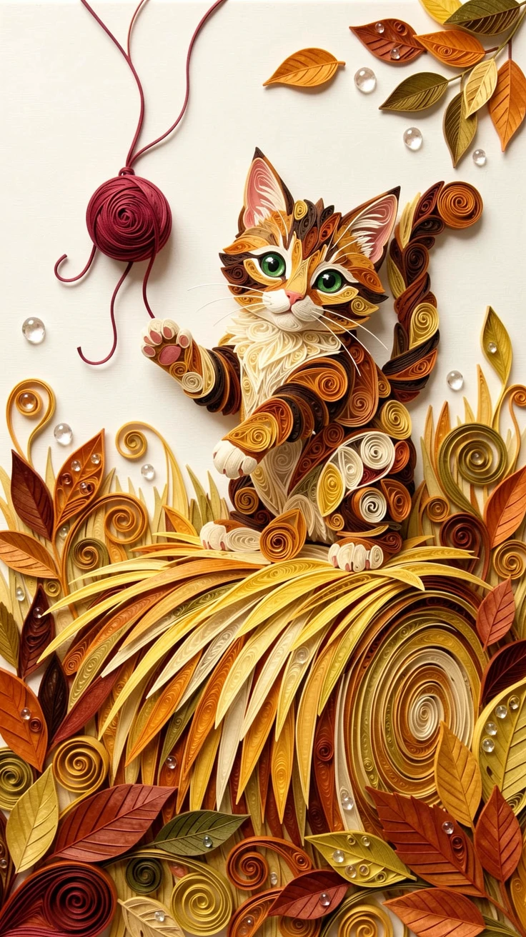 a kitten batting at a dangling ball of yarn on a hay bale in a golden autumn field, with soft dewdrops glistening on nearby leaves, with a shallow sense of depth drawing focus to the eyes.